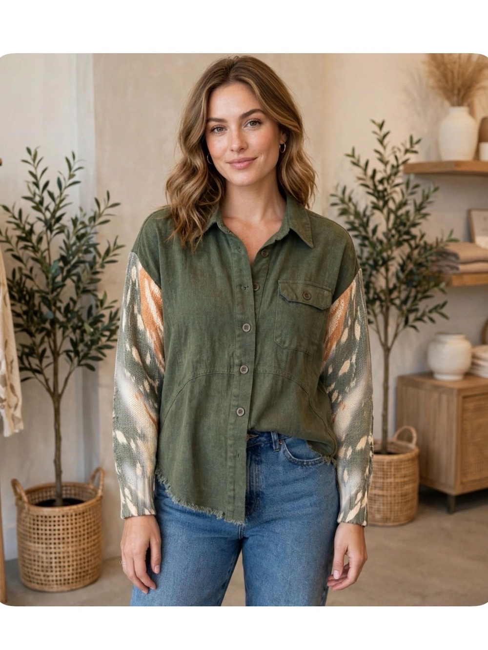 Umgee Medium Olive Green Button-Down Shirt with Tie-Dye Sleeves